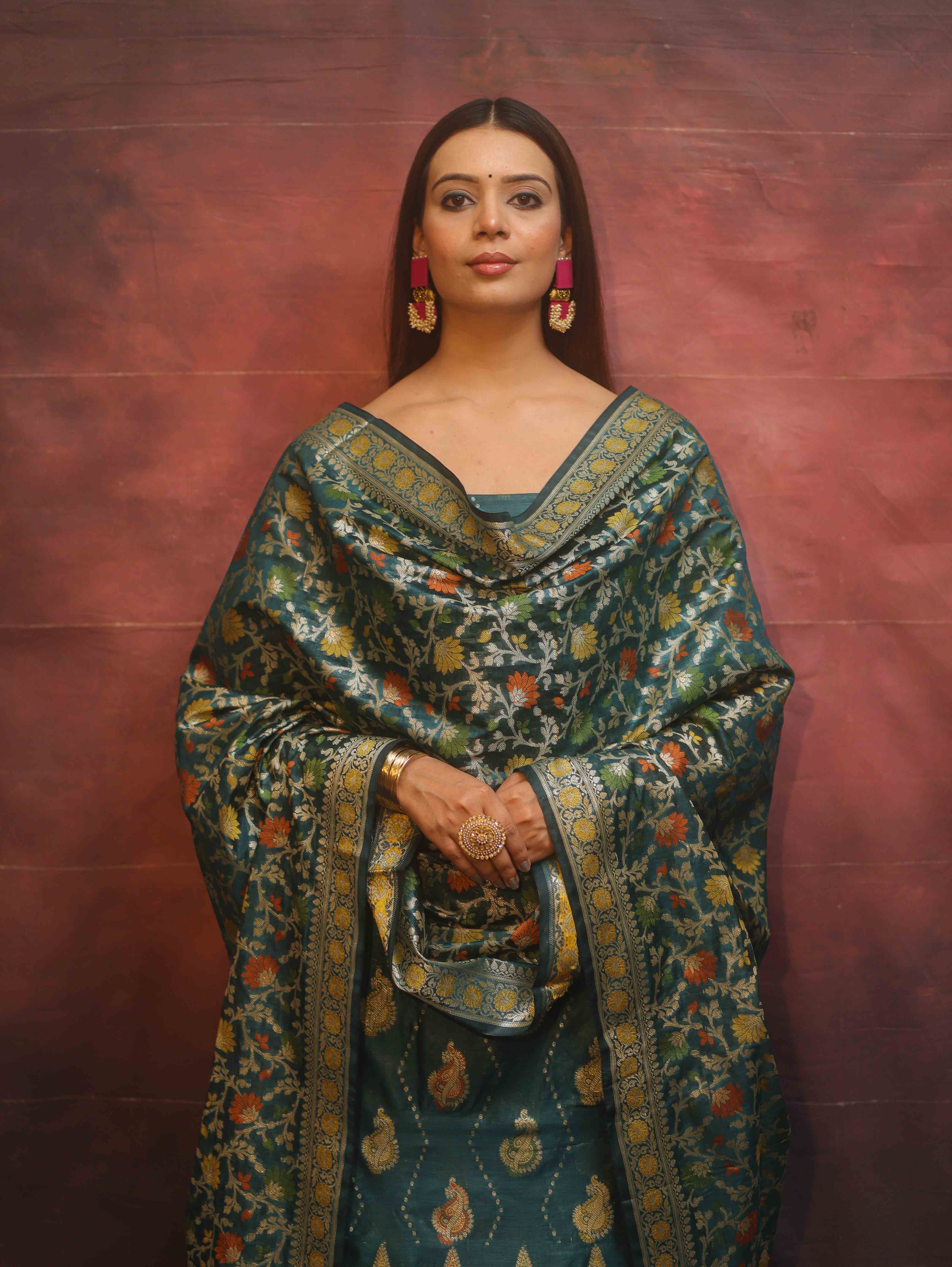 Banarasee Cotton Silk Resham Work Salwar Kameez Fabric With Dupatta-Rama Green