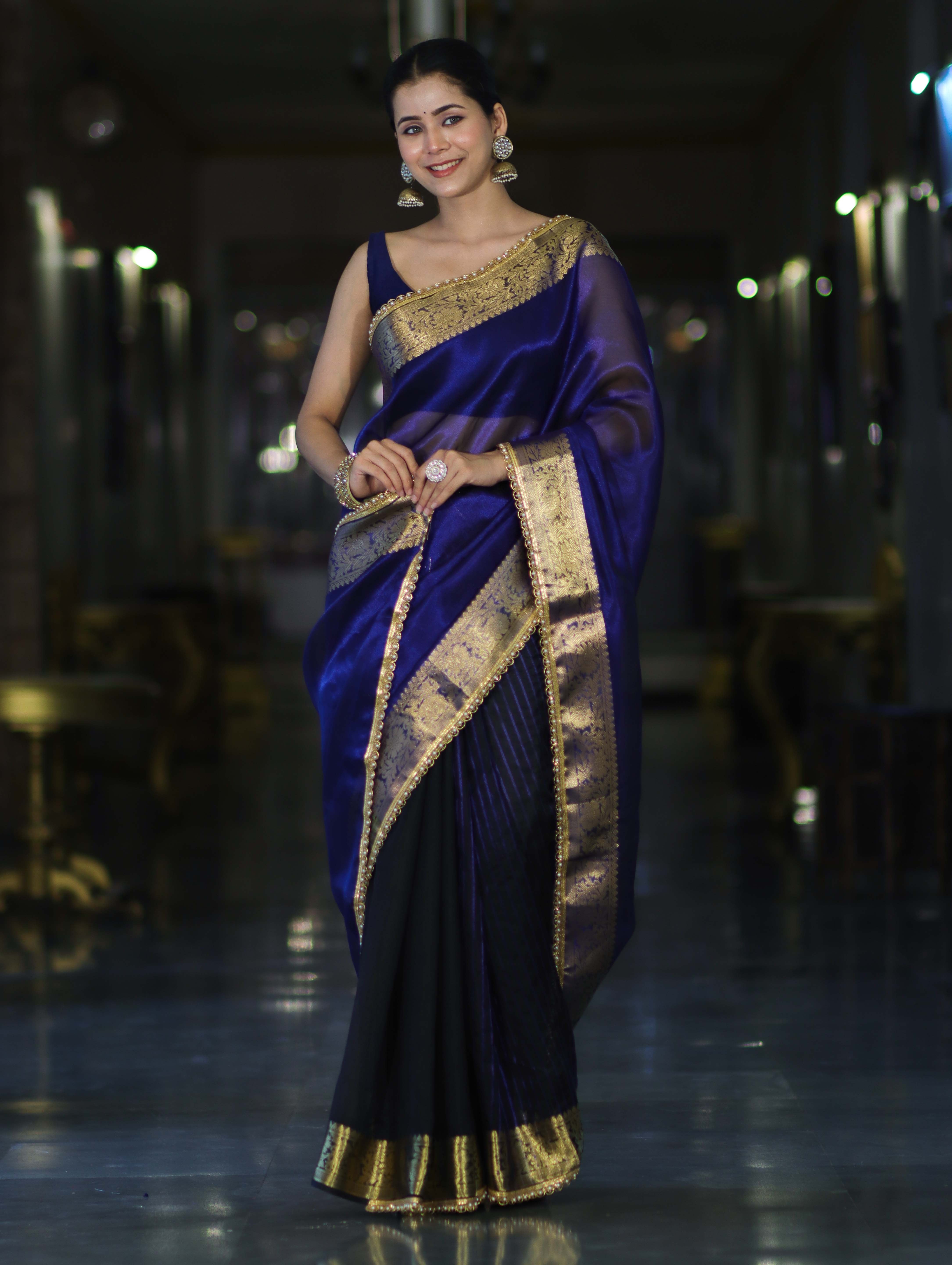 Banarasee Handwoven Dual Color Tissue Saree With Gold Zari Border & Lace-Blue & Black