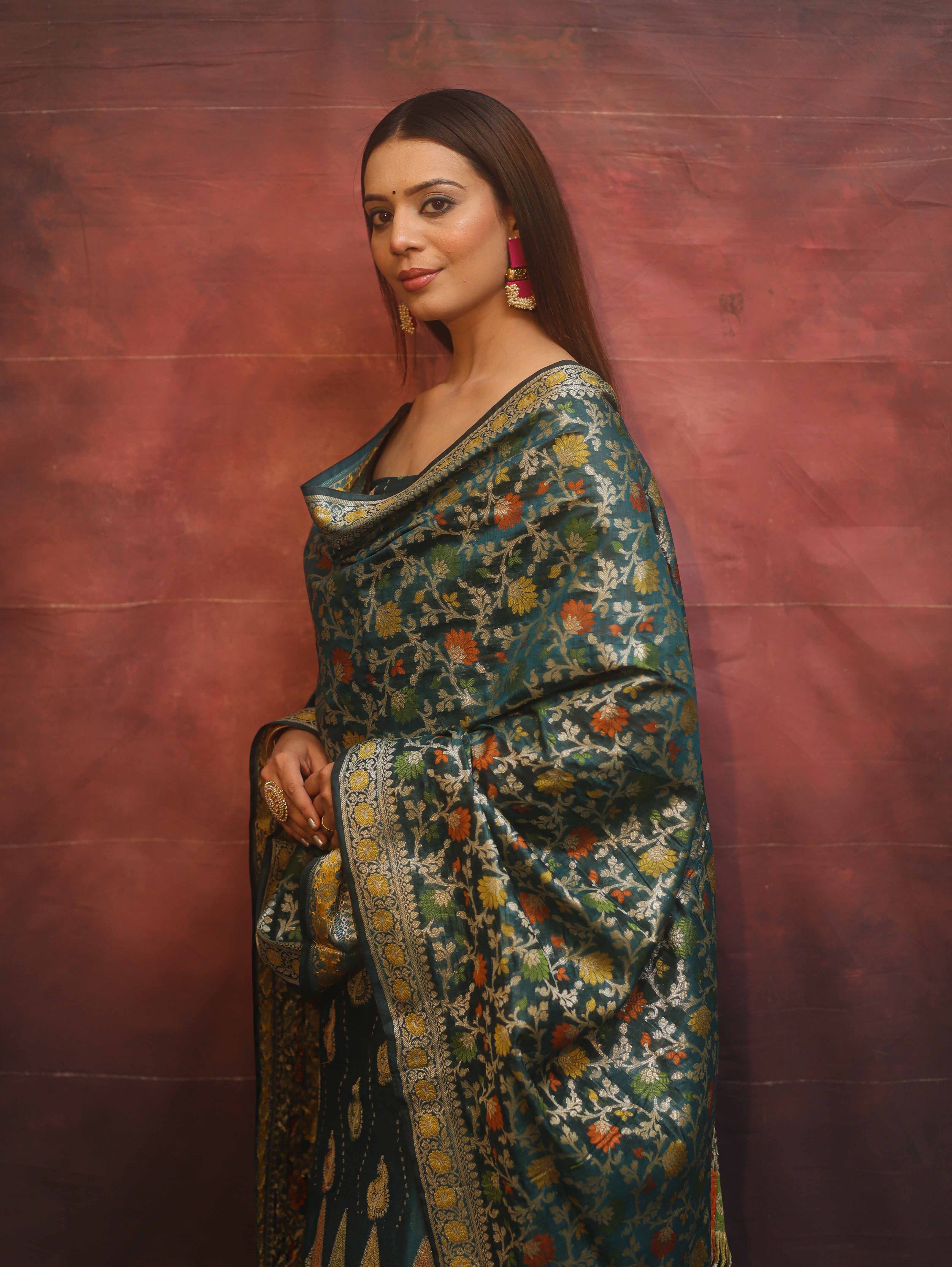Banarasee Cotton Silk Resham Work Salwar Kameez Fabric With Dupatta-Rama Green
