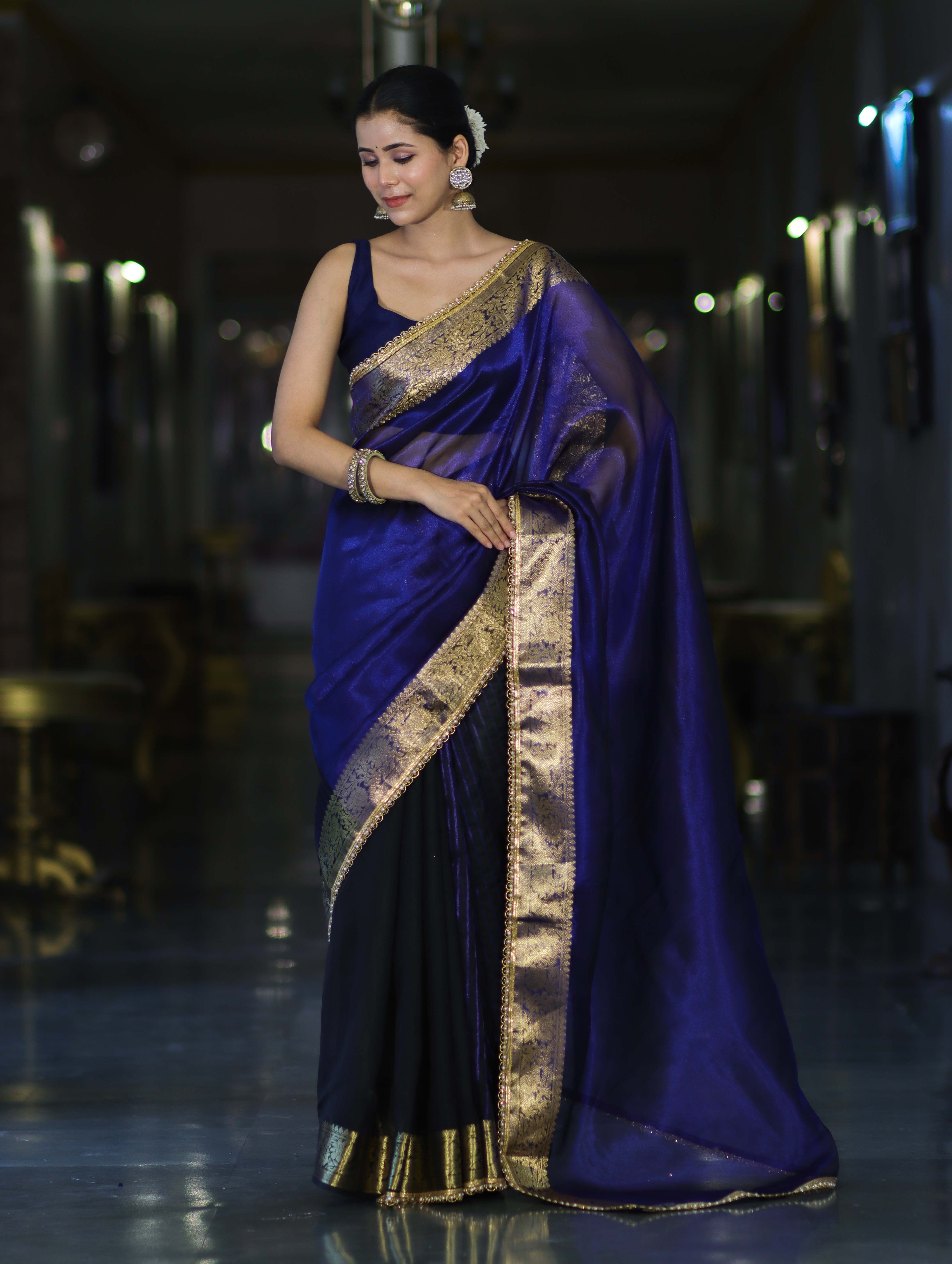 Banarasee Handwoven Dual Color Tissue Saree With Gold Zari Border & Lace-Blue & Black