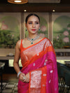 Banarasee Handwoven Semi Chiffon Saree With Zari Buti Work & Contrast Border-Pink & Orange