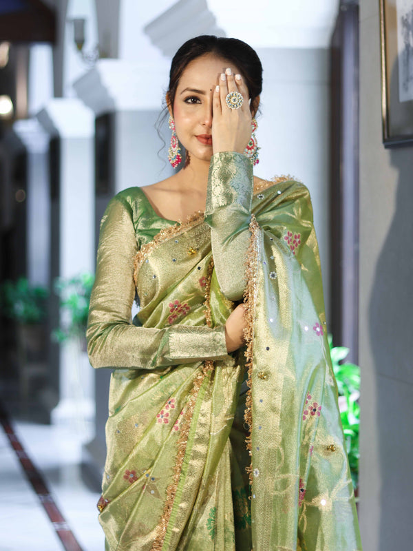 Banarasee Tissue Hand Embroidered Mirror Work Saree With Zari Resham & Ghungroo Work-Green