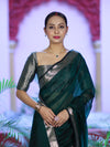 Banarasee Cotton Silk Plain Saree With Floral Zari Border-Deep Green