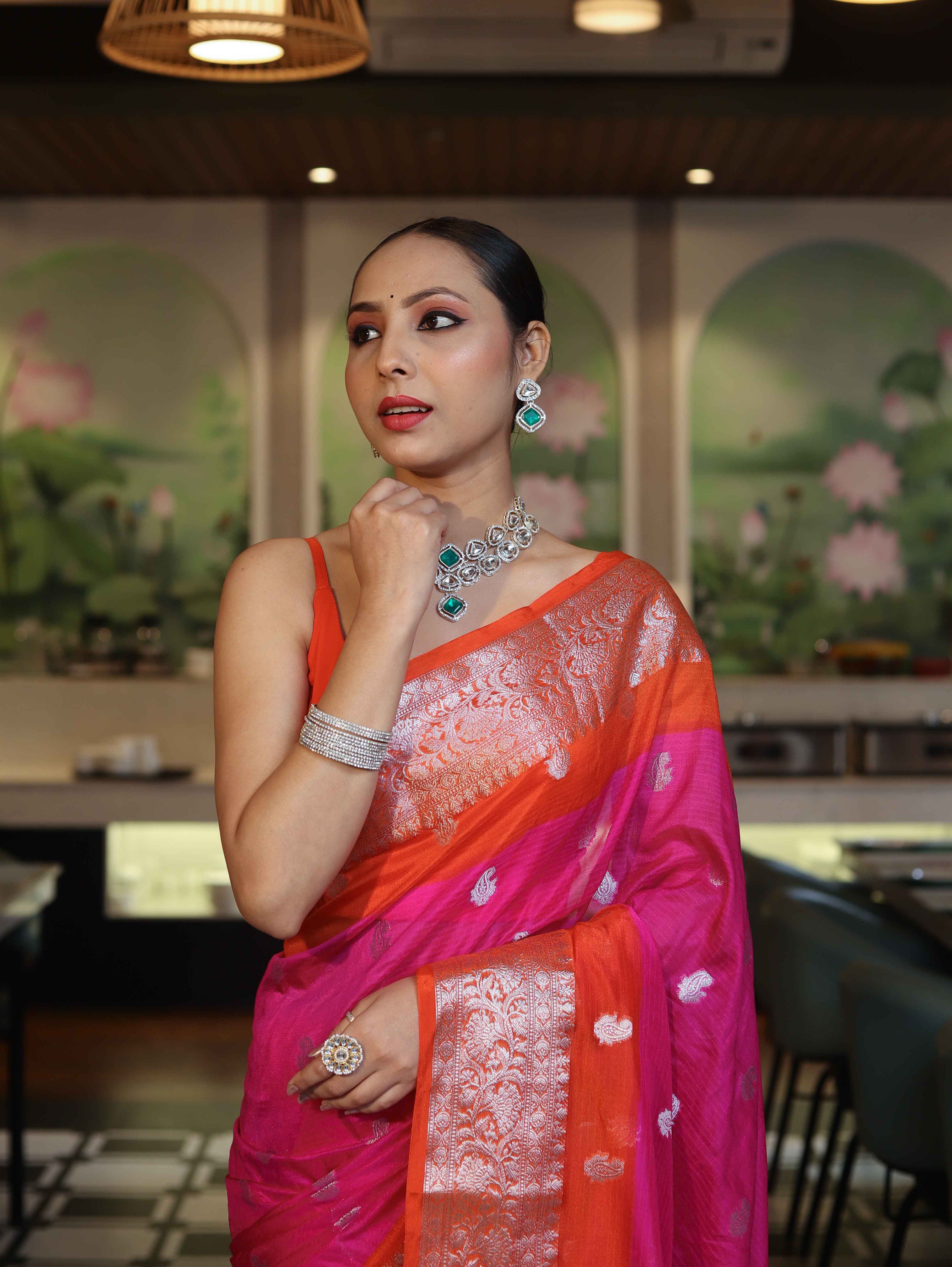 Banarasee Handwoven Semi Chiffon Saree With Zari Buti Work & Contrast Border-Pink & Orange