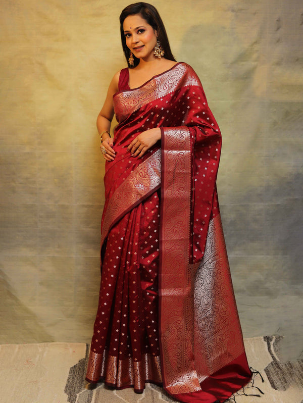 Banarasee Handwoven Semi Silk Saree With Zari Work-Maroon