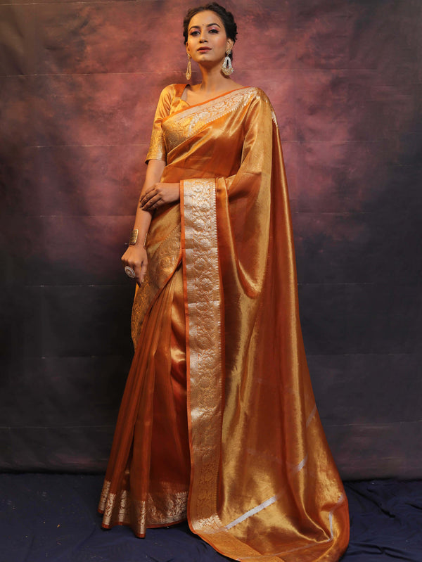 Banarasee Handwoven Plain Tissue Zari Border Saree-Gold