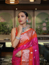 Banarasee Handwoven Semi Chiffon Saree With Zari Buti Work & Contrast Border-Pink & Orange