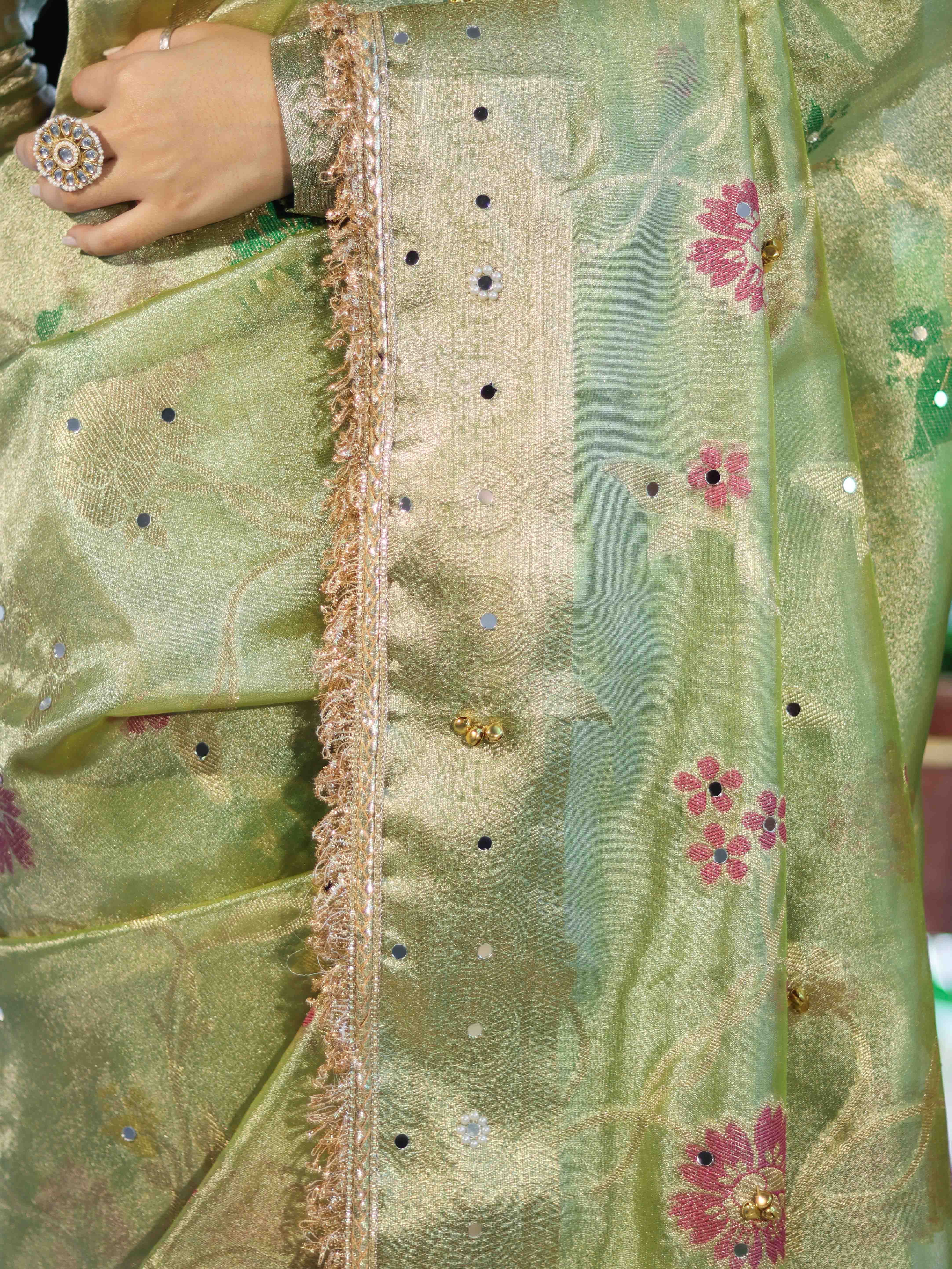 Banarasee Tissue Hand Embroidered Mirror Work Saree With Zari Resham & Ghungroo Work-Green