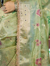 Banarasee Tissue Hand Embroidered Mirror Work Saree With Zari Resham & Ghungroo Work-Green