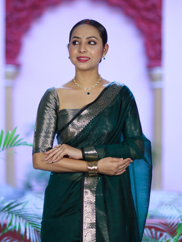 Banarasee Cotton Silk Plain Saree With Floral Zari Border-Deep Green