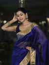 Banarasee Handwoven Dual Color Tissue Saree With Gold Zari Border & Lace-Blue & Black