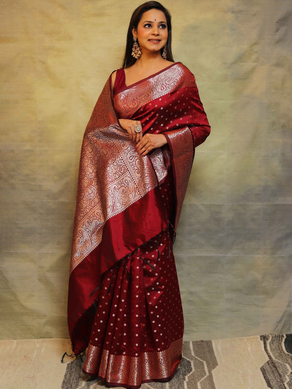 Banarasee Handwoven Semi Silk Saree With Zari Work-Maroon