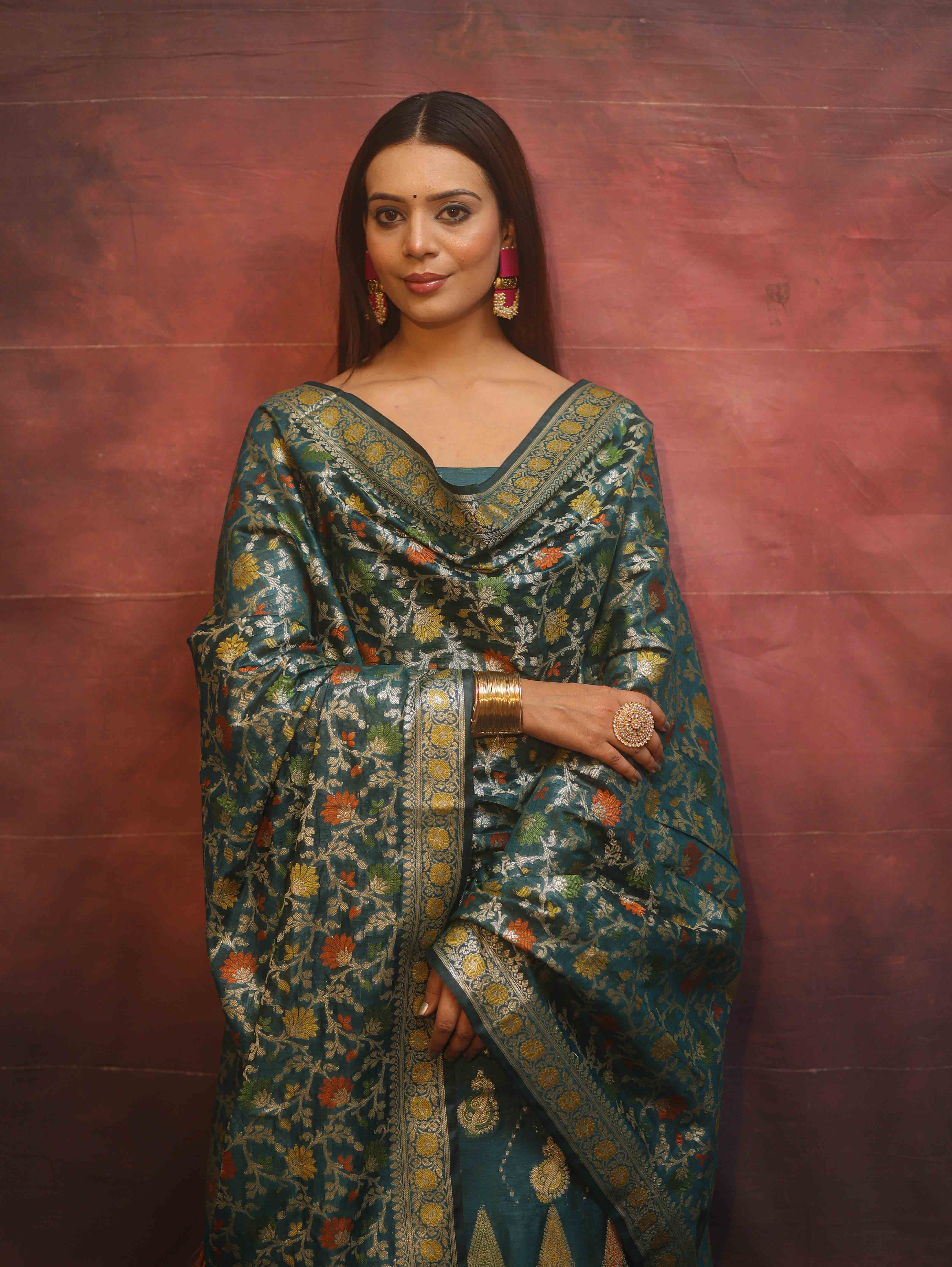 Banarasee Cotton Silk Resham Work Salwar Kameez Fabric With Dupatta-Rama Green