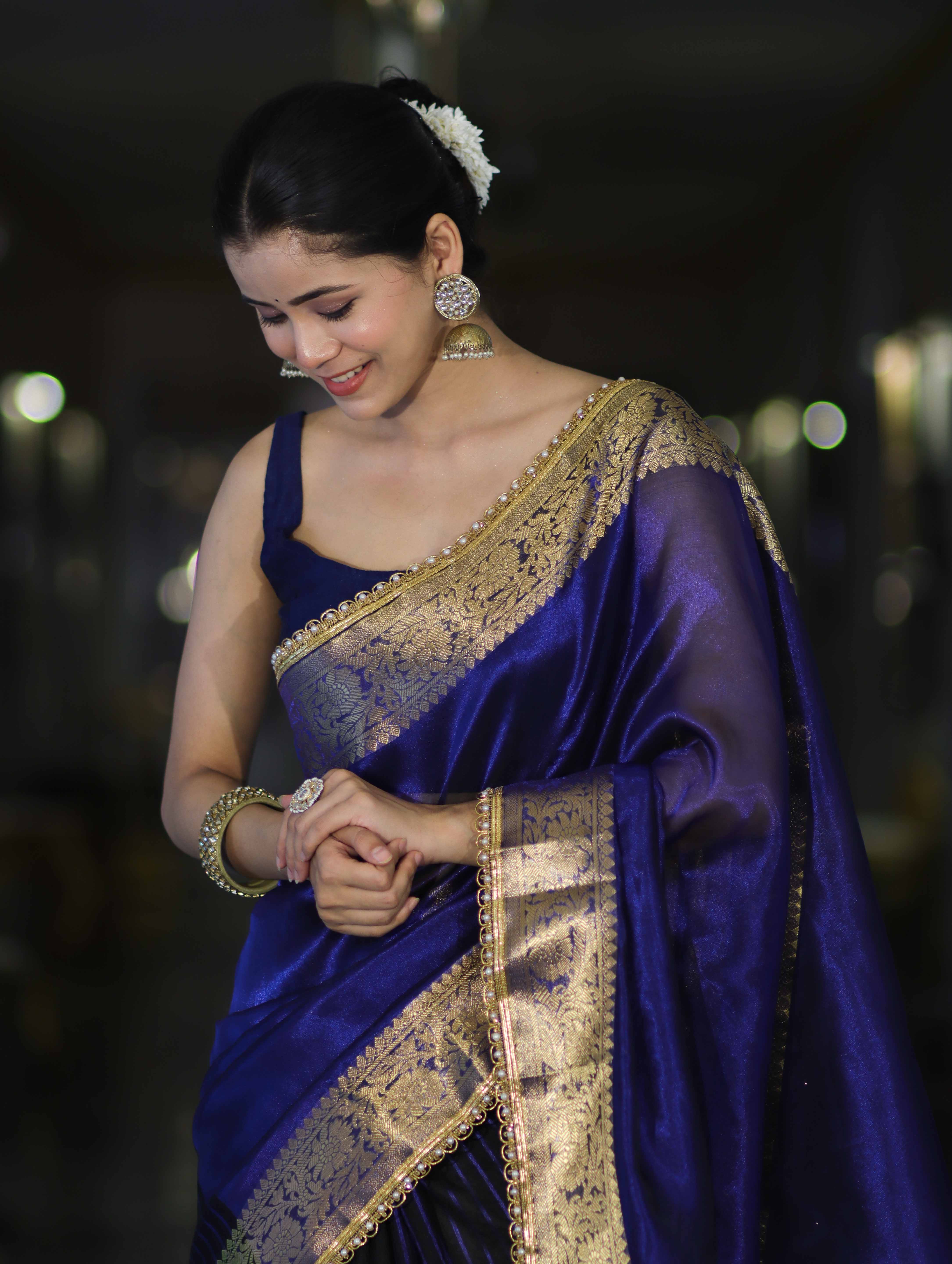 Banarasee Handwoven Dual Color Tissue Saree With Gold Zari Border & Lace-Blue & Black