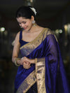 Banarasee Handwoven Dual Color Tissue Saree With Gold Zari Border & Lace-Blue & Black