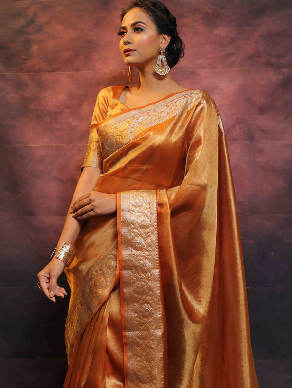 Banarasee Handwoven Plain Tissue Zari Border Saree-Gold