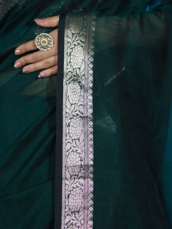 Banarasee Cotton Silk Plain Saree With Floral Zari Border-Deep Green