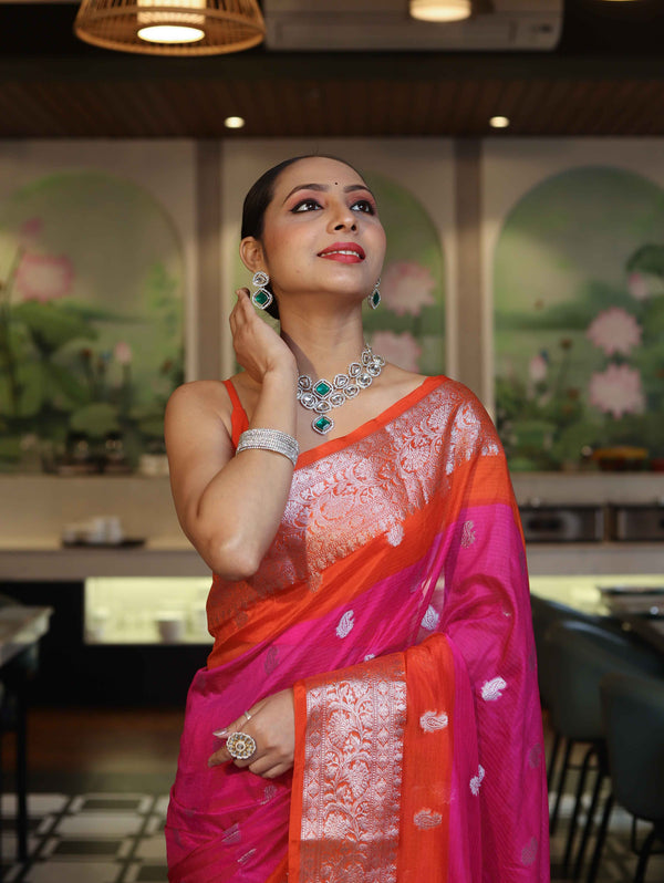Banarasee Handwoven Semi Chiffon Saree With Zari Buti Work & Contrast Border-Pink & Orange