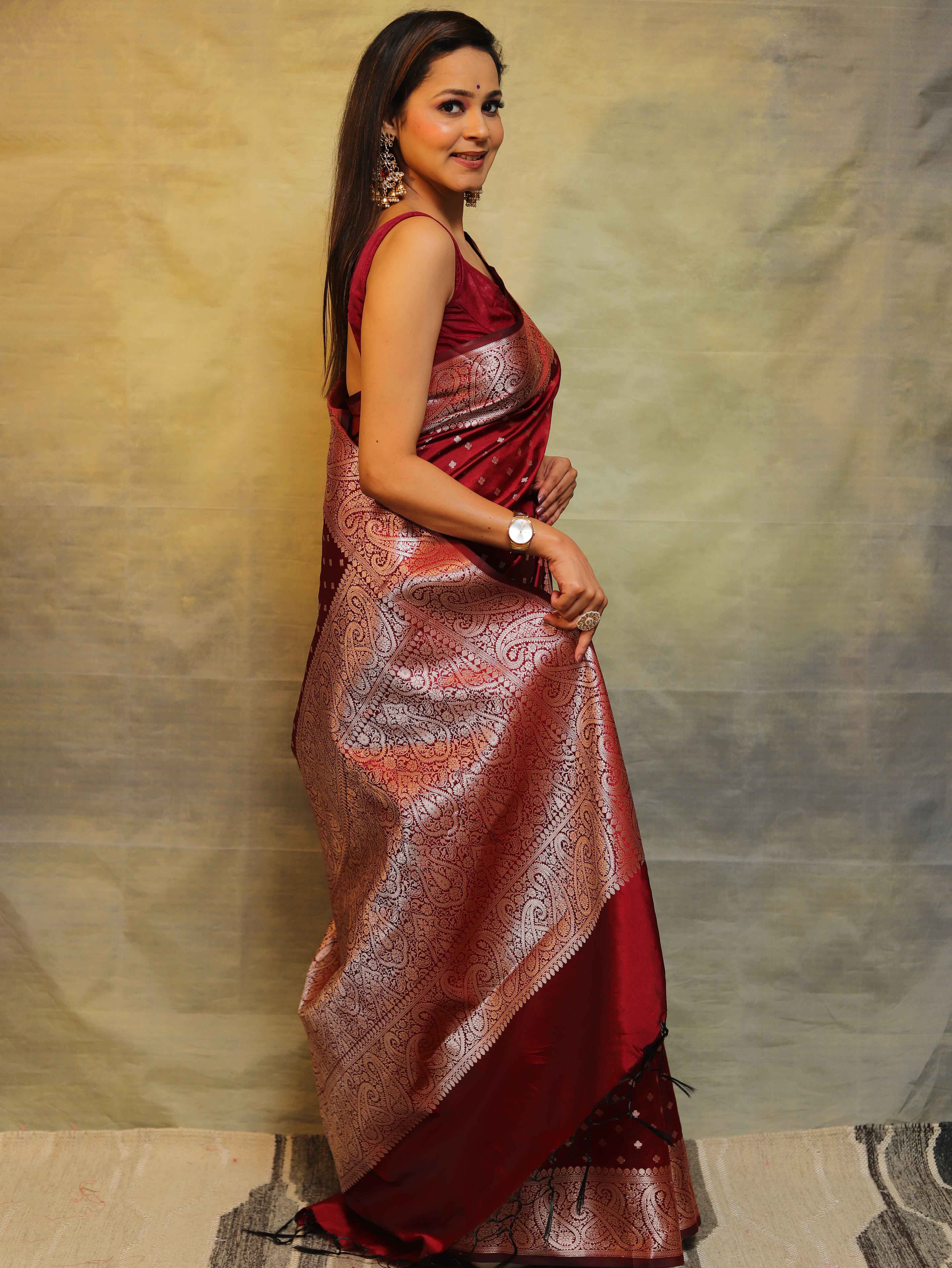 Banarasee Handwoven Semi Silk Saree With Zari Work-Maroon