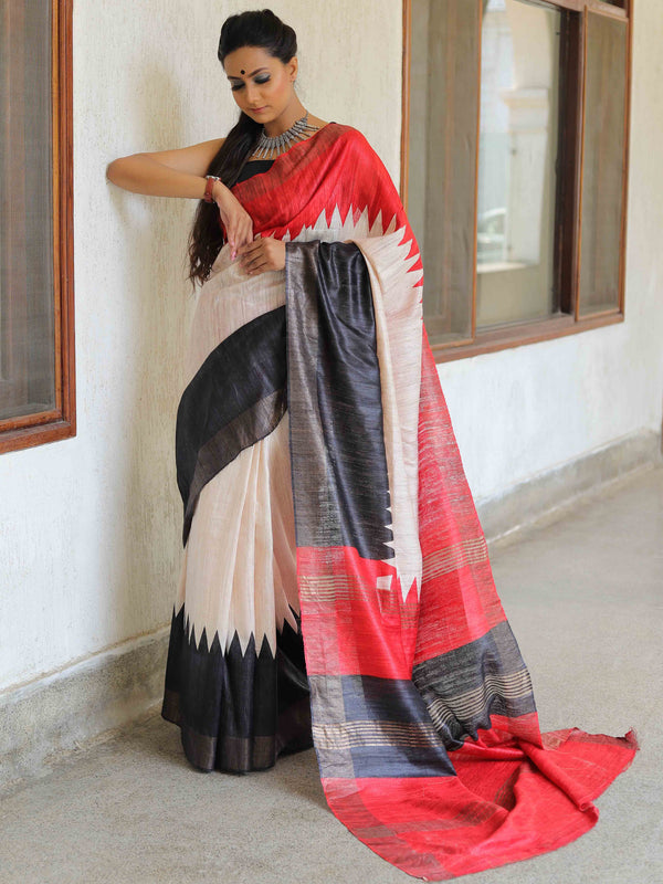 Bhagalpur Pure Handloom Tussar Silk Saree With Temple Border Design-Tri Color