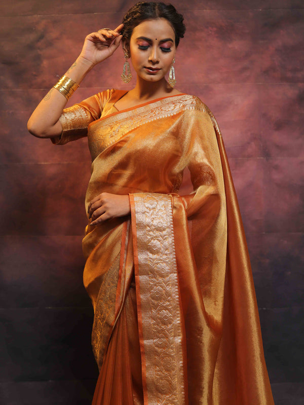 Banarasee Handwoven Plain Tissue Zari Border Saree-Gold