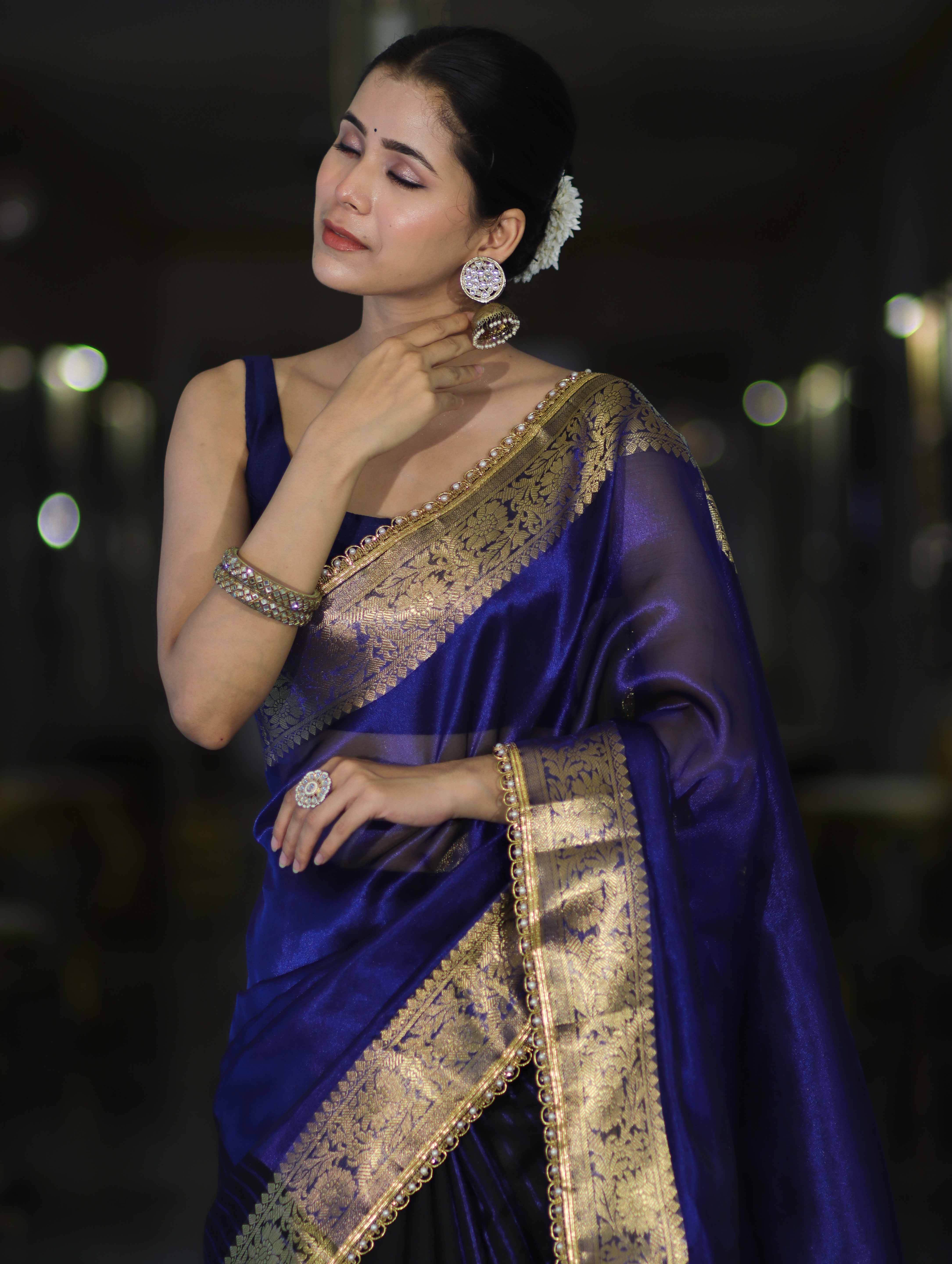 Banarasee Handwoven Dual Color Tissue Saree With Gold Zari Border & Lace-Blue & Black