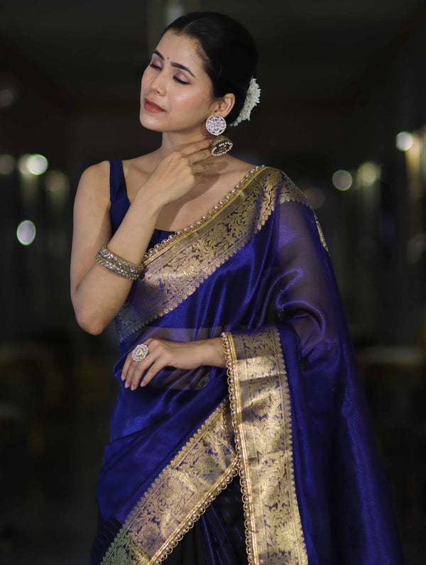 Banarasee Handwoven Dual Color Tissue Saree With Gold Zari Border & Lace-Blue & Black