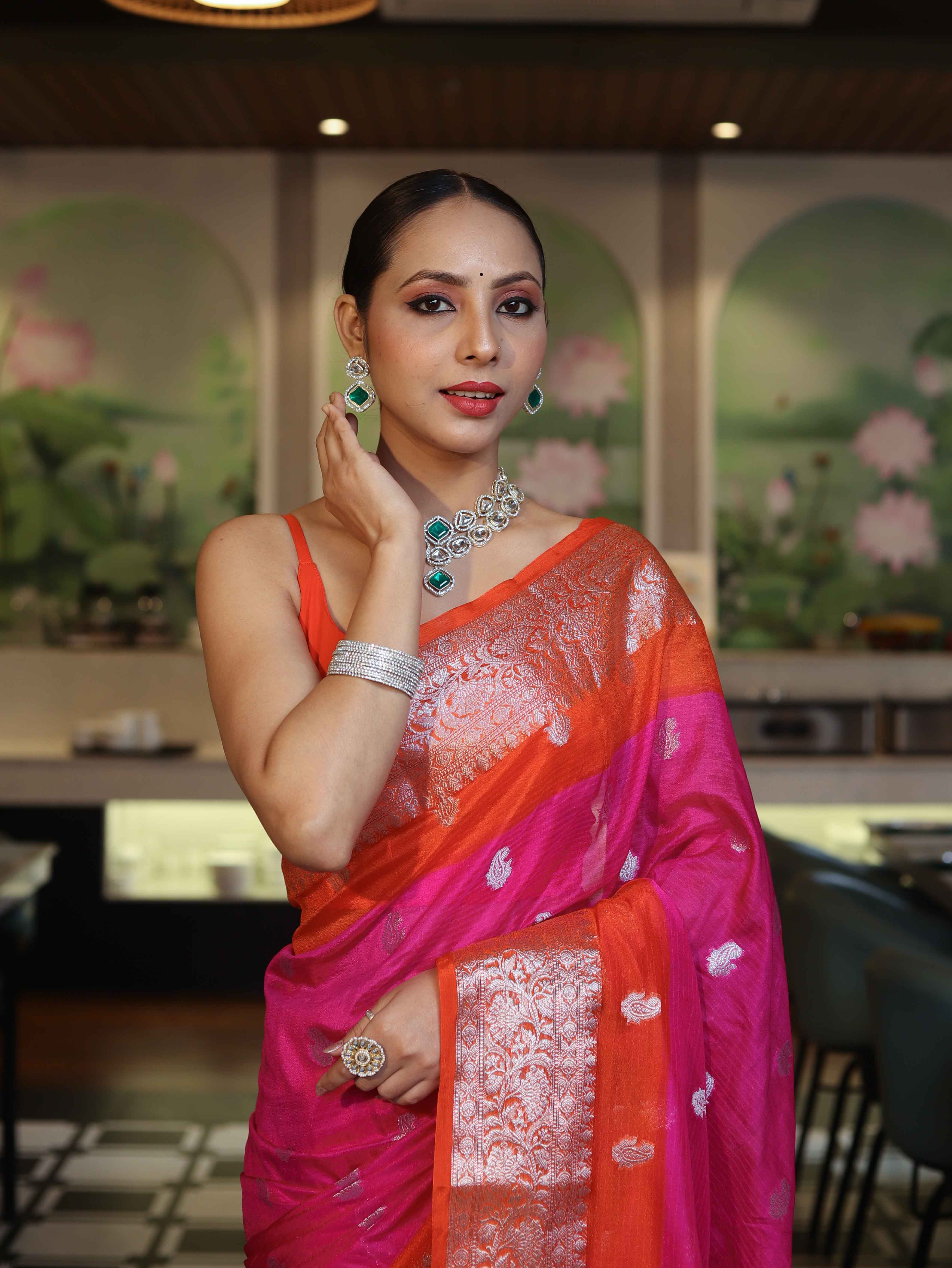 Banarasee Handwoven Semi Chiffon Saree With Zari Buti Work & Contrast Border-Pink & Orange