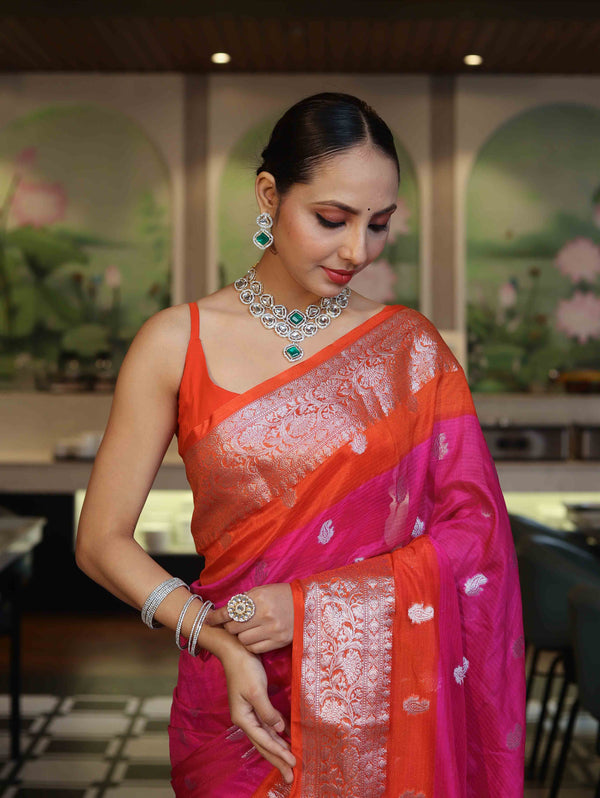 Banarasee Handwoven Semi Chiffon Saree With Zari Buti Work & Contrast Border-Pink & Orange