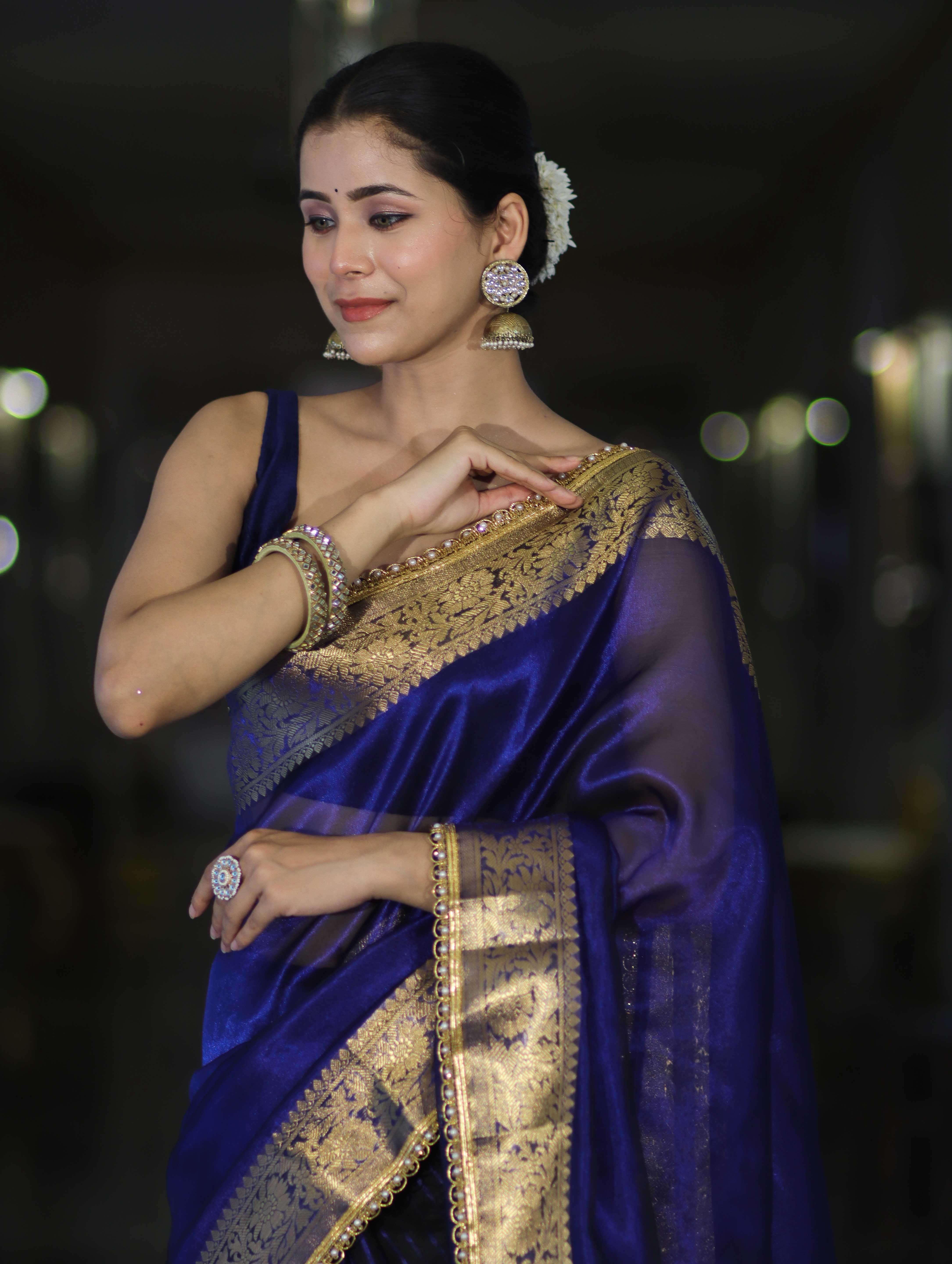 Banarasee Handwoven Dual Color Tissue Saree With Gold Zari Border & Lace-Blue & Black