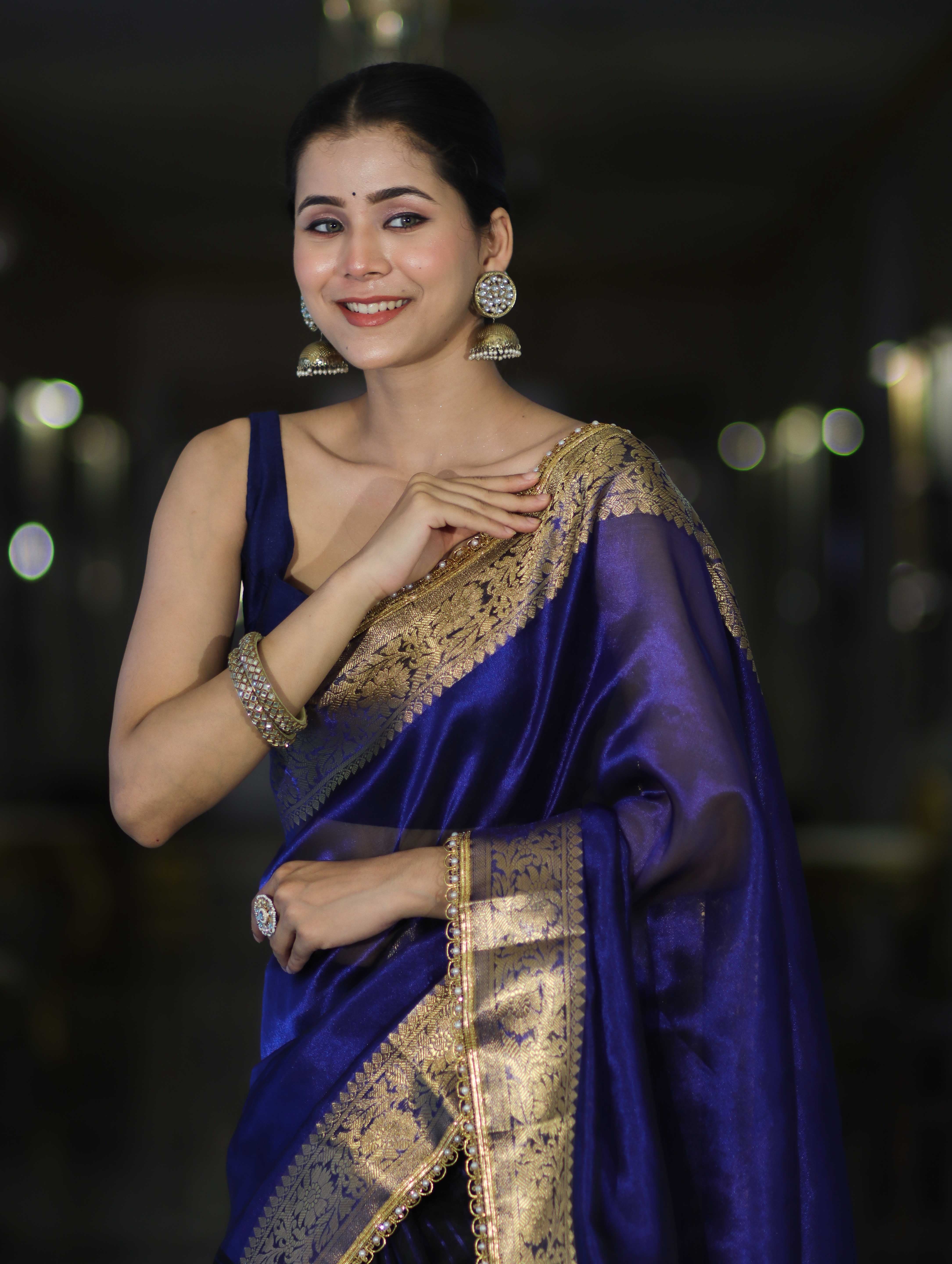 Banarasee Handwoven Dual Color Tissue Saree With Gold Zari Border & Lace-Blue & Black