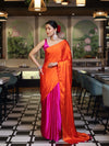 Banarasee Handloom Satin Hand Dyed Saree With Mirror Work-Orange & Pink