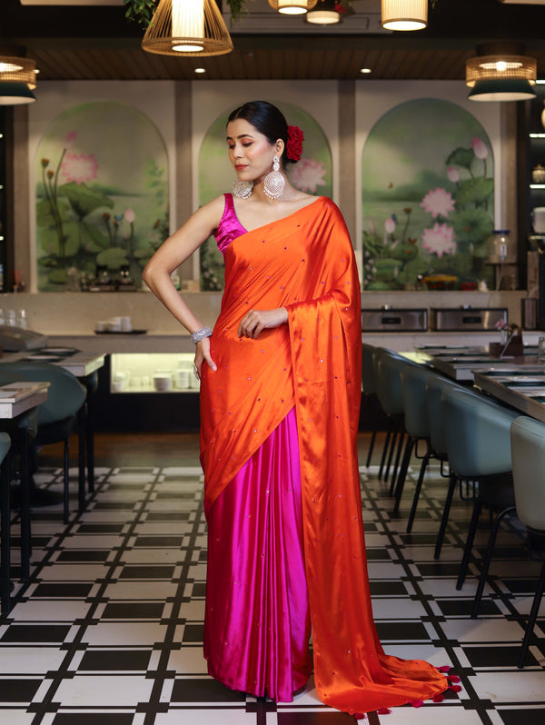 Banarasee Handloom Satin Hand Dyed Saree With Mirror Work-Orange & Pink