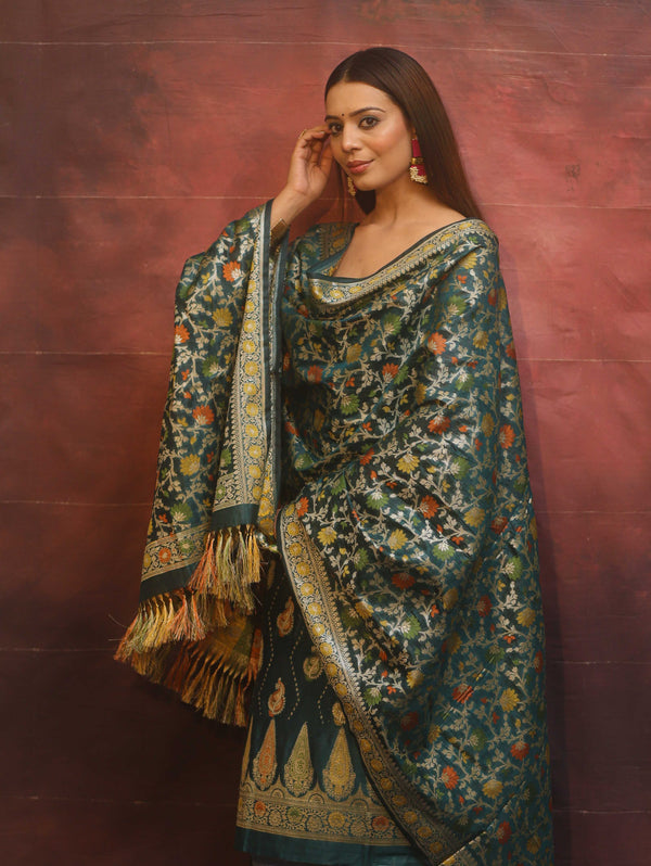 Banarasee Cotton Silk Resham Work Salwar Kameez Fabric With Dupatta-Rama Green