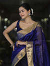 Banarasee Handwoven Dual Color Tissue Saree With Gold Zari Border & Lace-Blue & Black