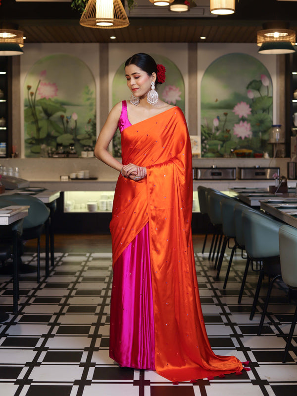 Banarasee Handloom Satin Hand Dyed Saree With Mirror Work-Orange & Pink