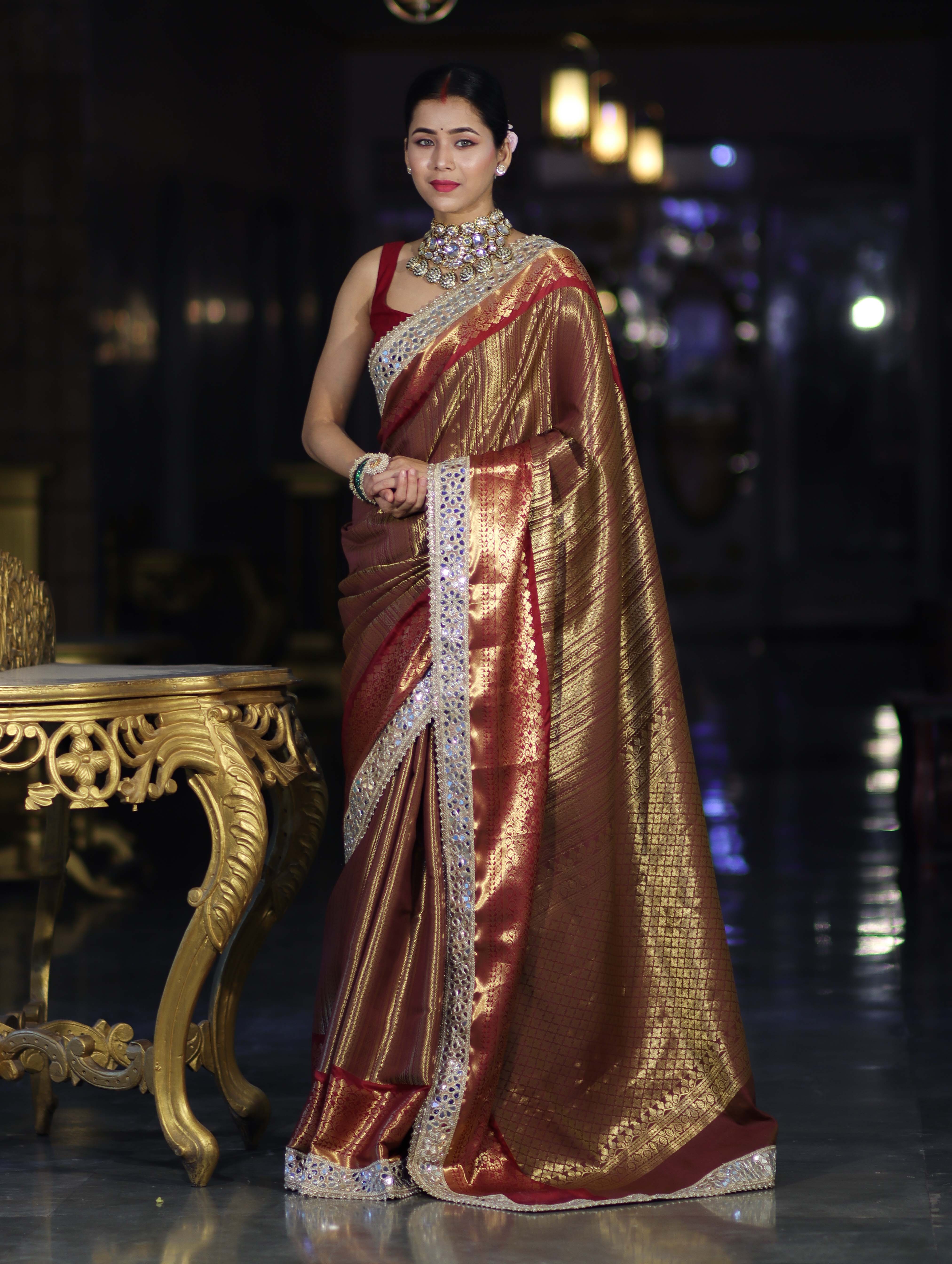 Banarasee Handwoven Tissue Saree With Zari Weaving Stripes Contrast Border & Lace-Rust & Maroon
