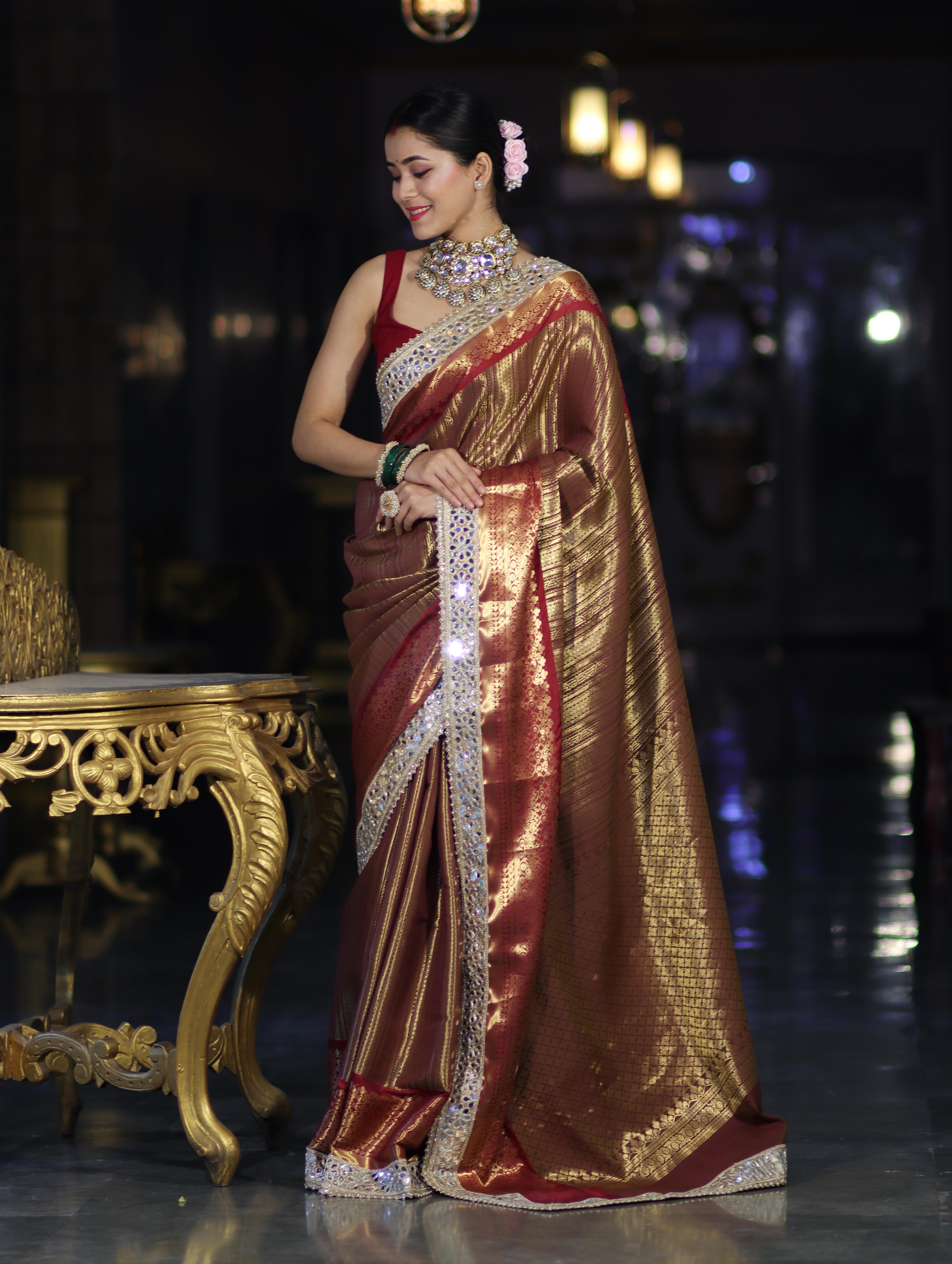 Banarasee Handwoven Tissue Saree With Zari Weaving Stripes Contrast Border & Lace-Rust & Maroon