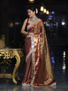 Banarasee Handwoven Tissue Saree With Zari Weaving Stripes Contrast Border & Lace-Rust & Maroon