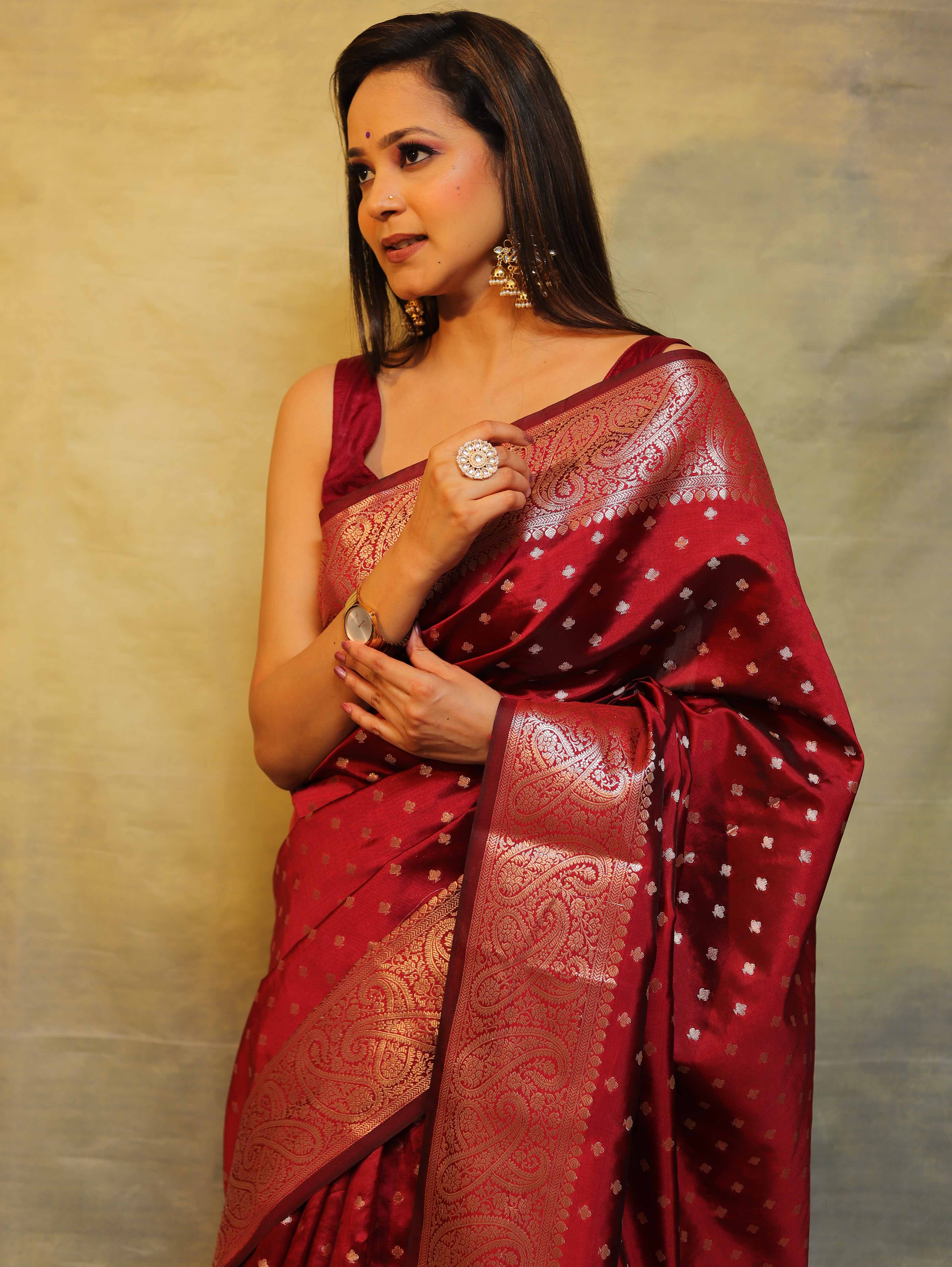 Banarasee Handwoven Semi Silk Saree With Zari Work-Maroon