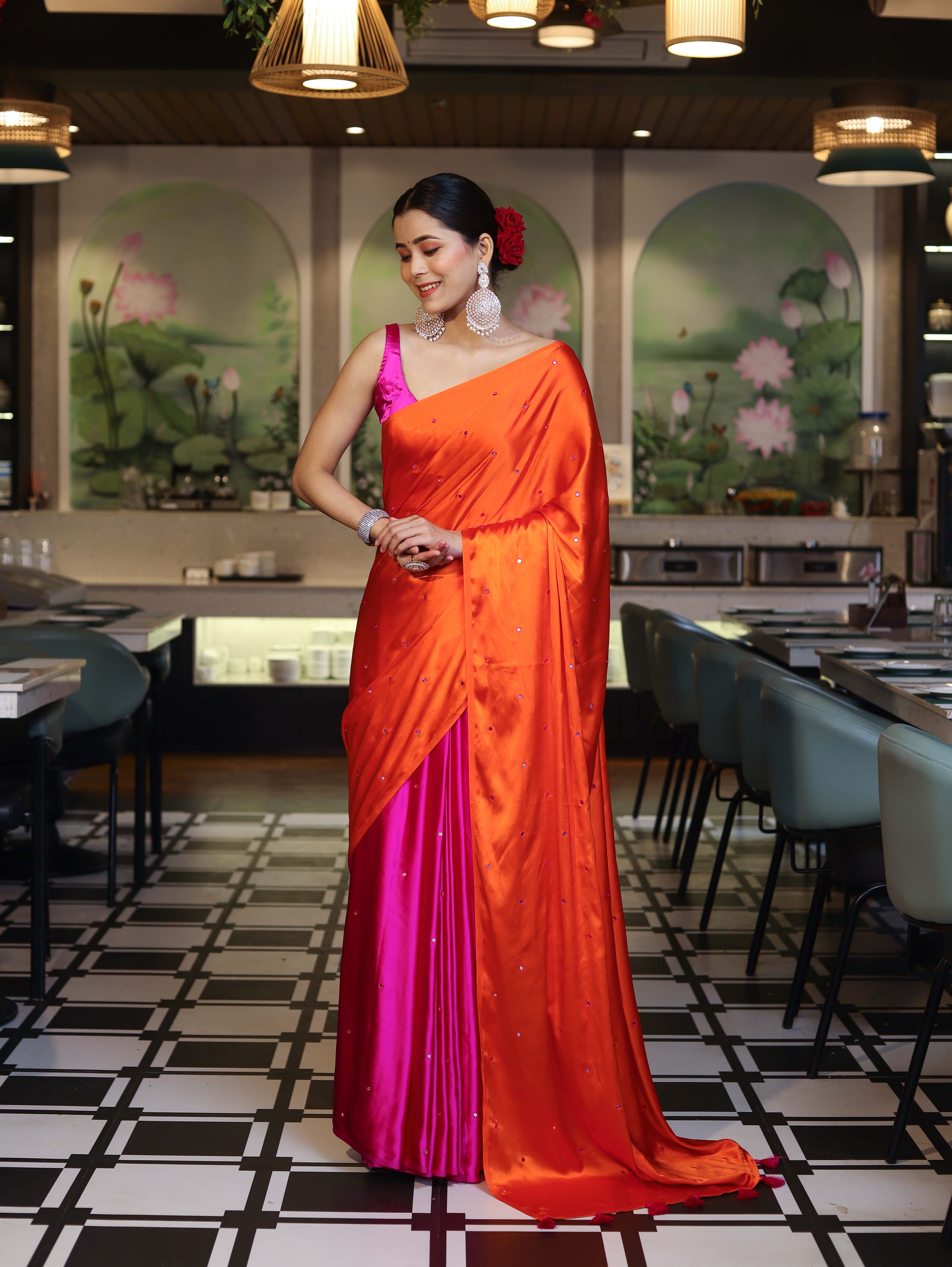 Banarasee Handloom Satin Hand Dyed Saree With Mirror Work-Orange & Pink