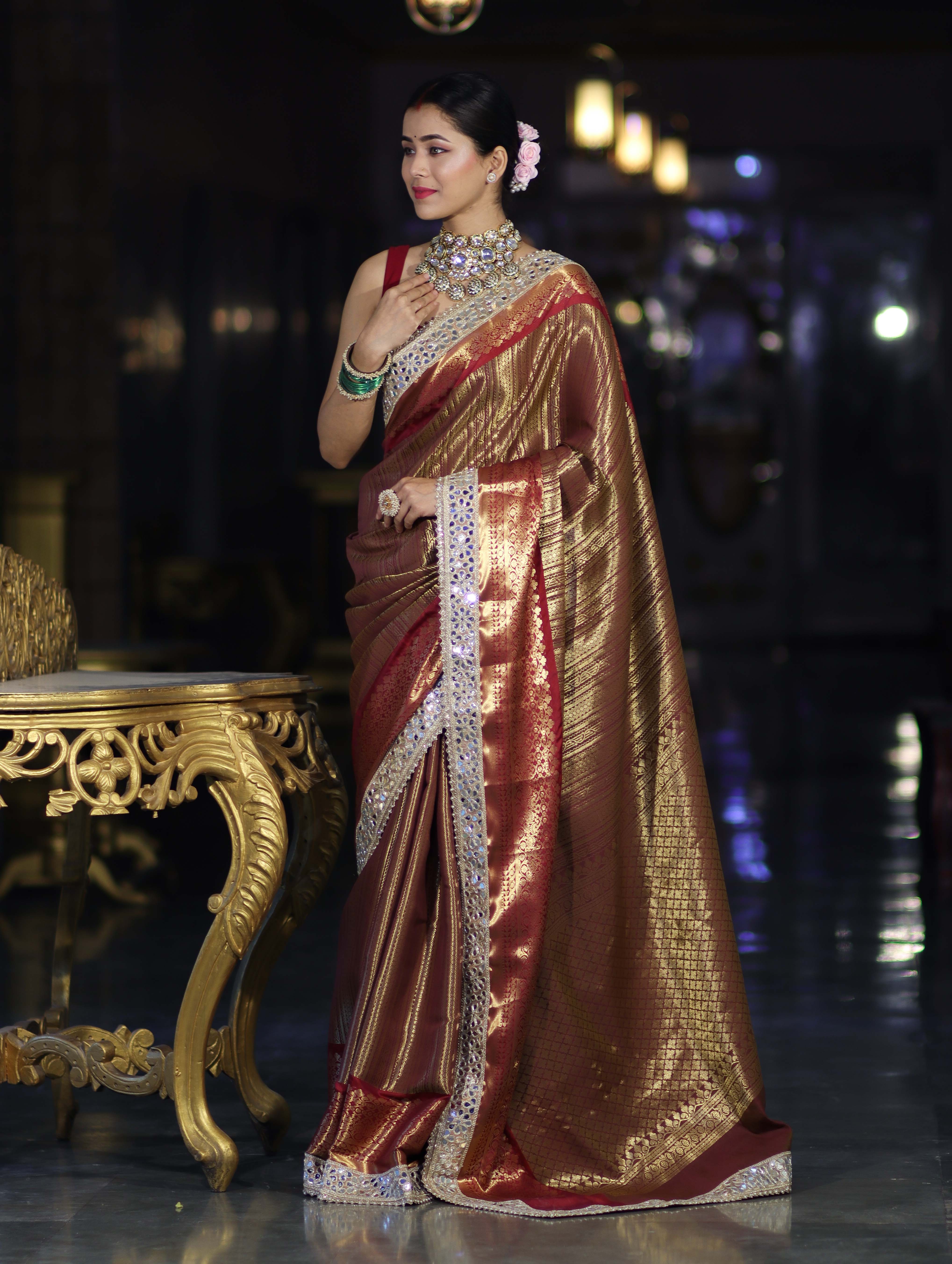 Banarasee Handwoven Tissue Saree With Zari Weaving Stripes Contrast Border & Lace-Rust & Maroon