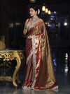 Banarasee Handwoven Tissue Saree With Zari Weaving Stripes Contrast Border & Lace-Rust & Maroon