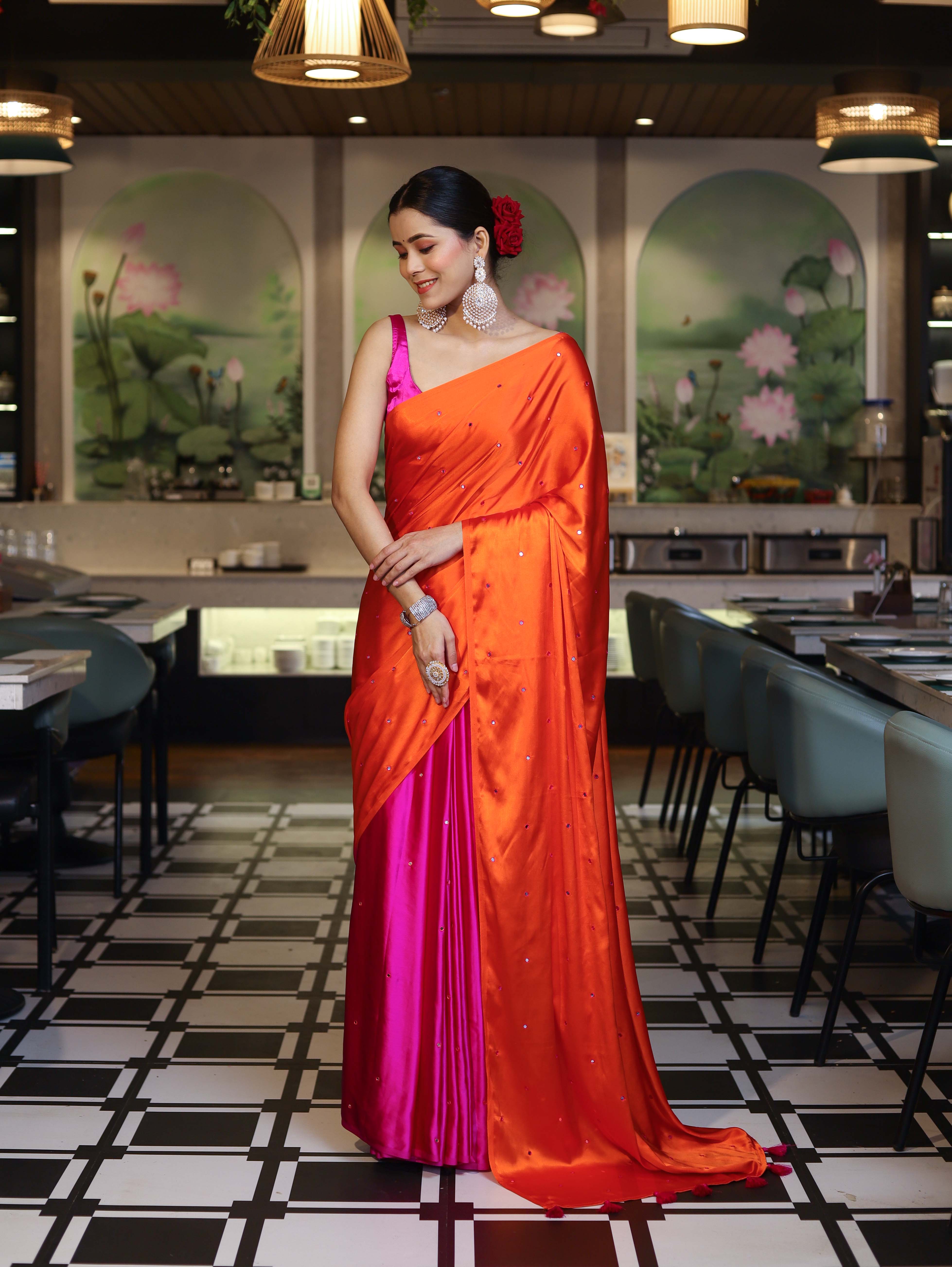 Banarasee Handloom Satin Hand Dyed Saree With Mirror Work-Orange & Pink