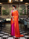 Banarasee Handloom Satin Hand Dyed Saree With Mirror Work-Orange & Pink