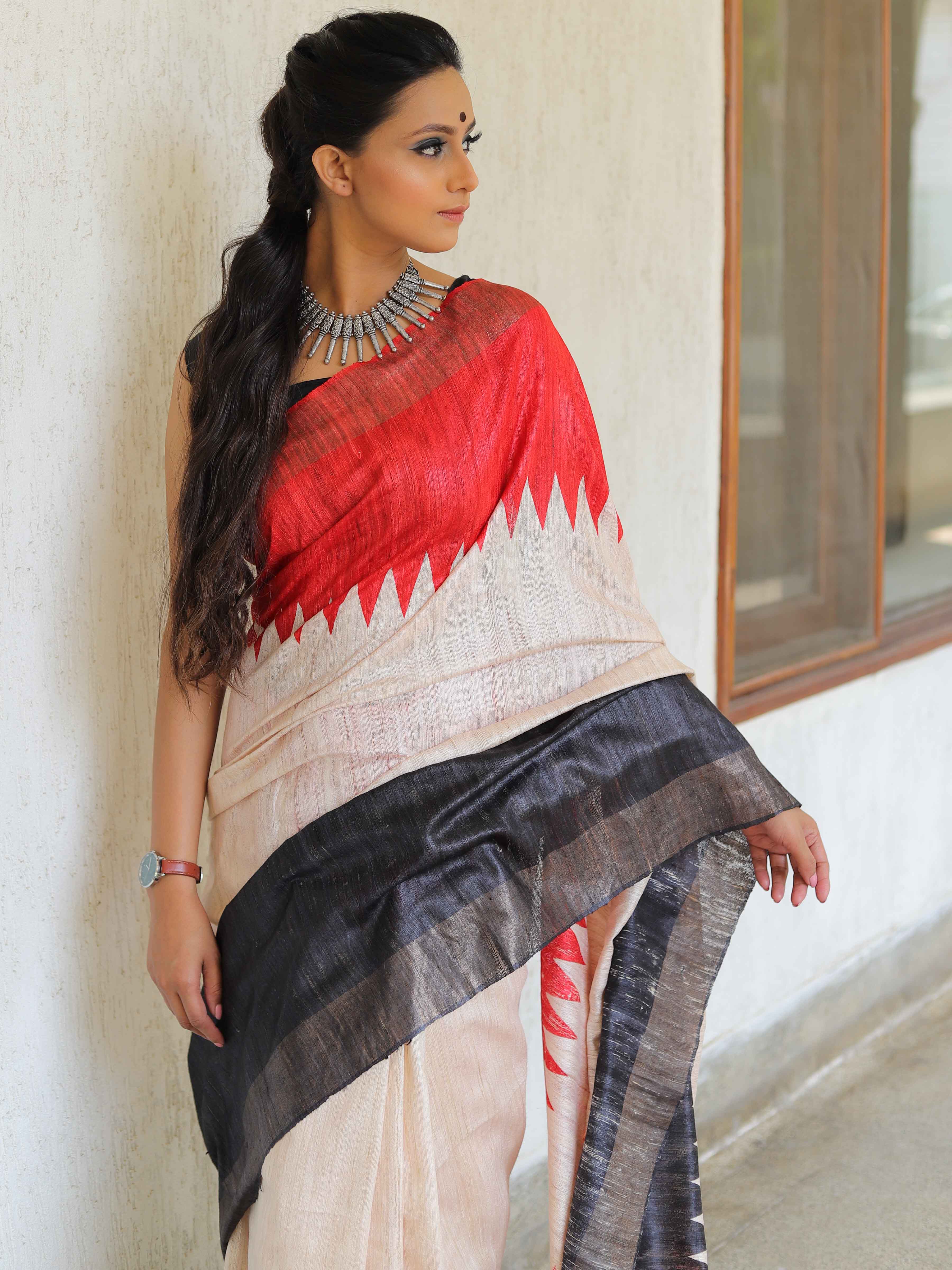 Bhagalpur Pure Handloom Tussar Silk Saree With Temple Border Design-Tri Color