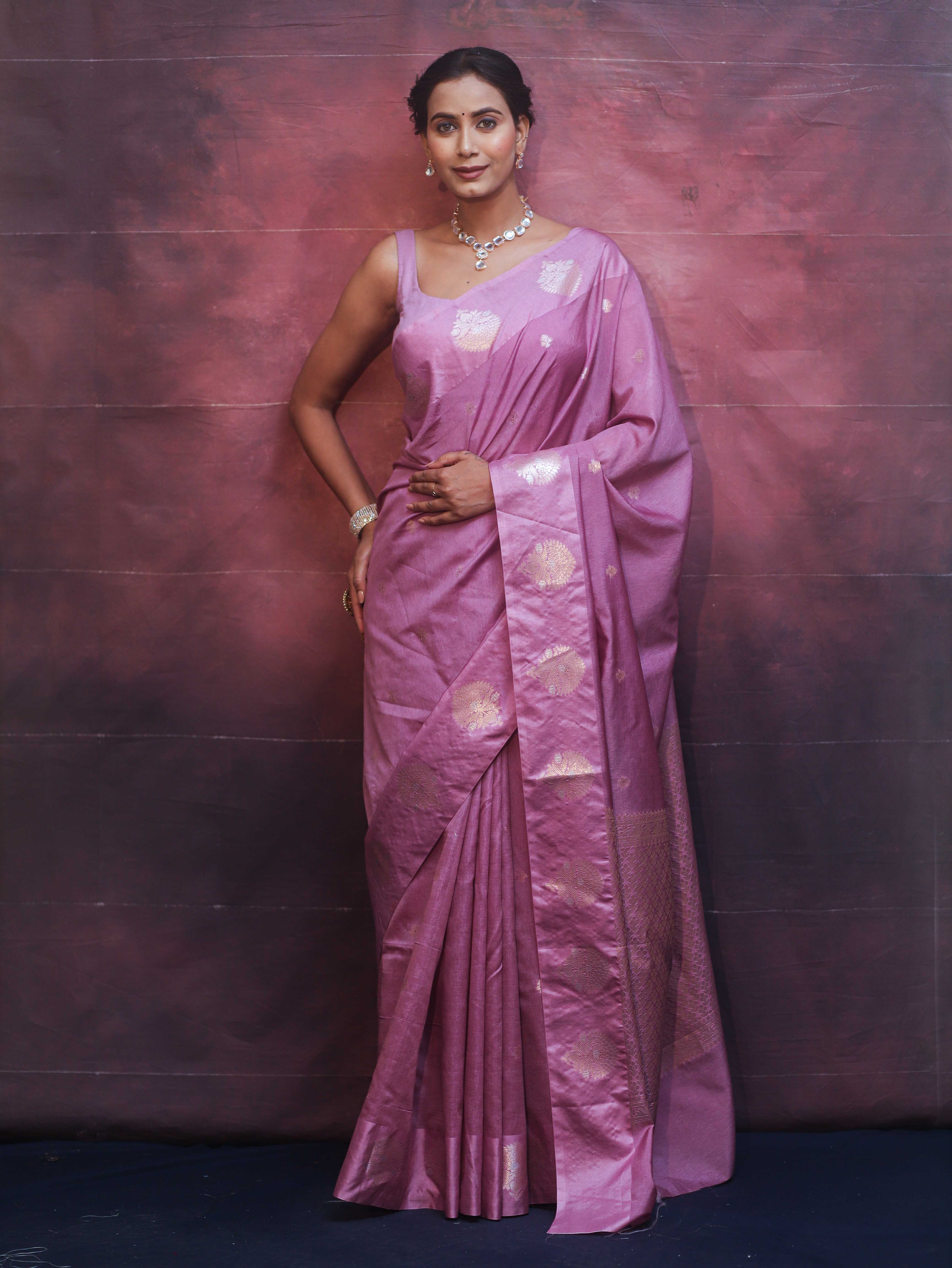 Banarasee Handwoven Semi Silk Saree With Zari Buti Design-Lavender