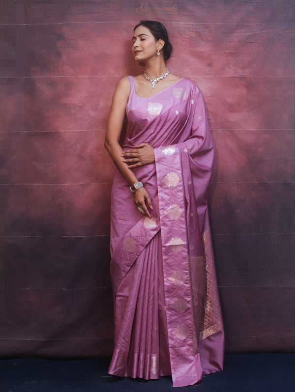 Banarasee Handwoven Semi Silk Saree With Zari Buti Design-Lavender
