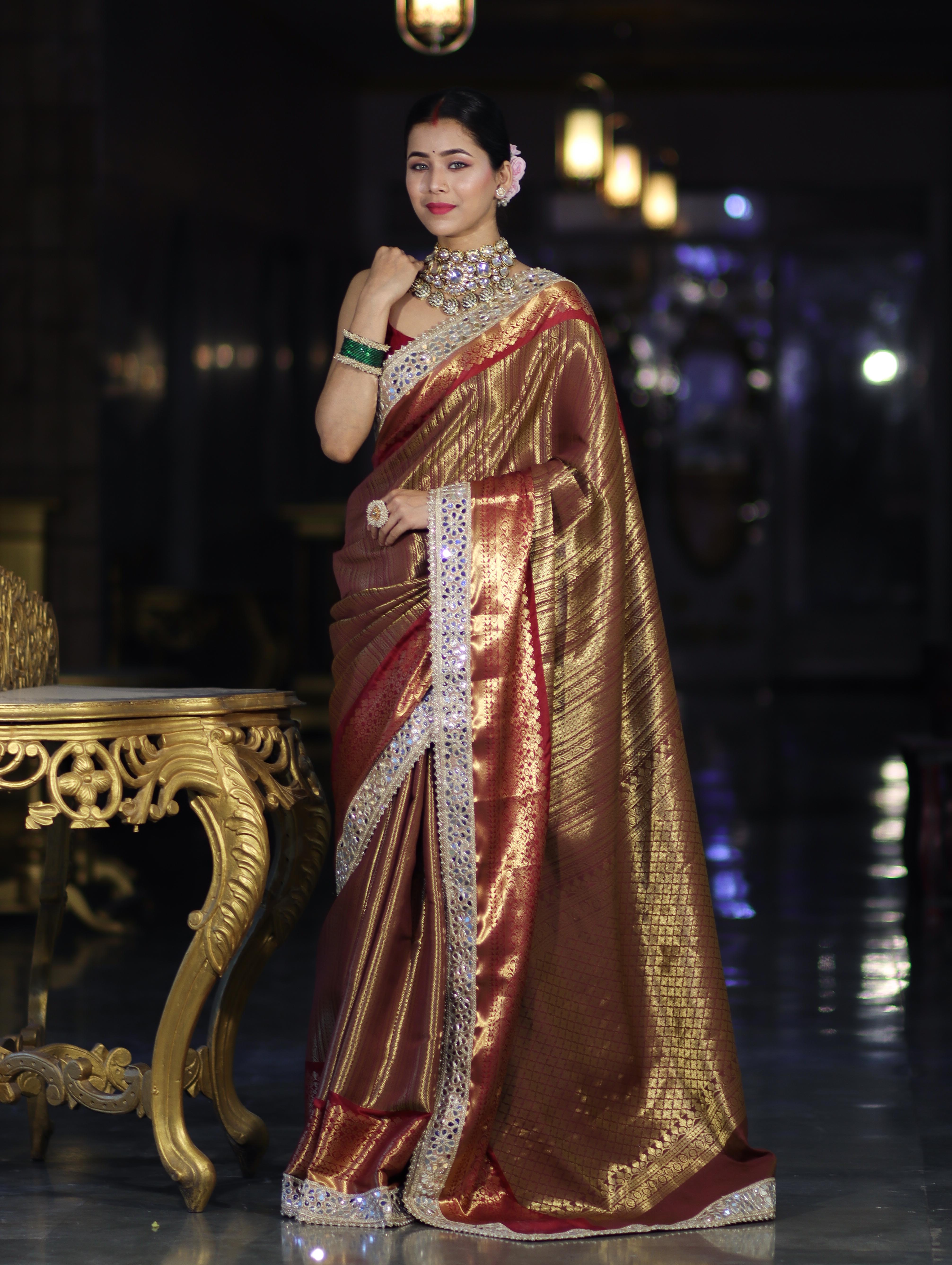 Banarasee Handwoven Tissue Saree With Zari Weaving Stripes Contrast Border & Lace-Rust & Maroon