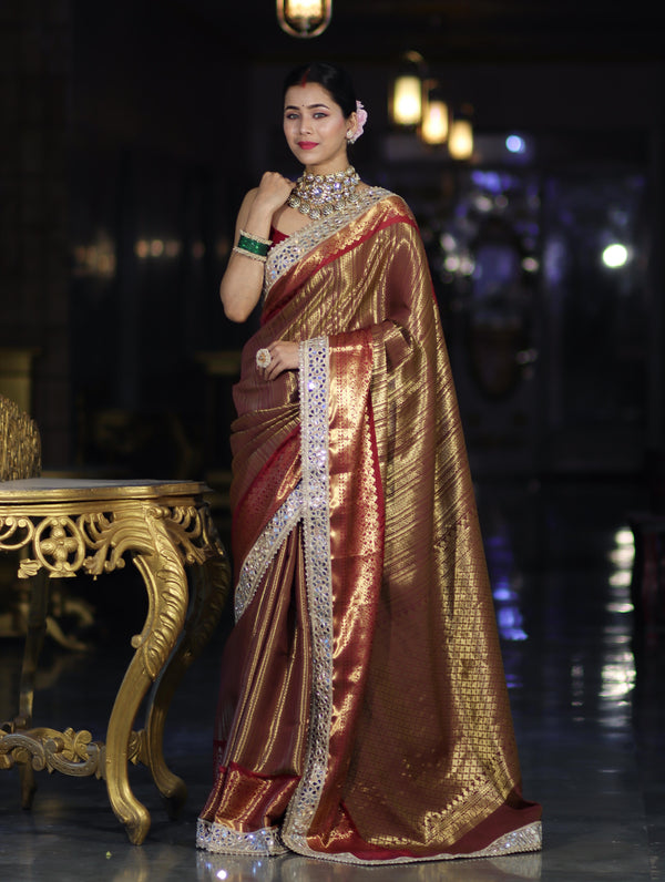 Banarasee Handwoven Tissue Saree With Zari Weaving Stripes Contrast Border & Lace-Rust & Maroon